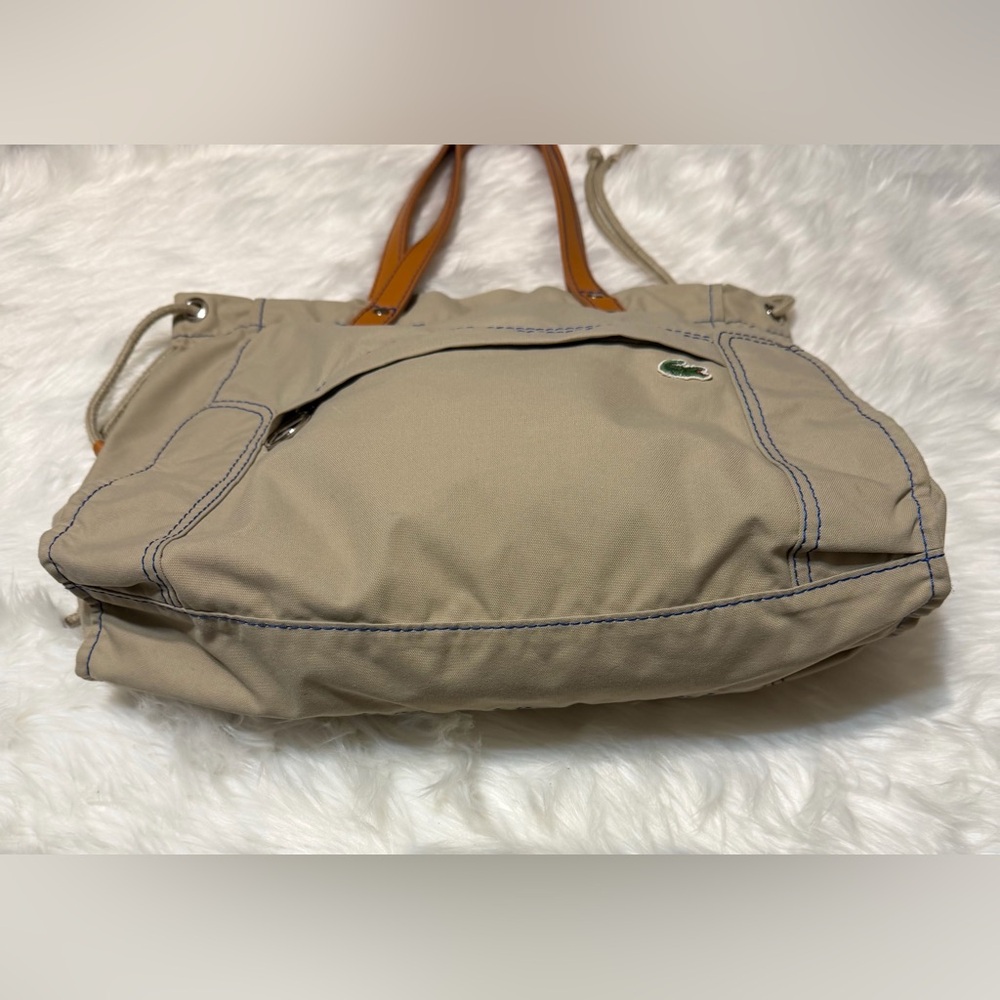 Lacoste Beige Canvas Sportsman Drawstring Tote with Tan Leather Handles - Picture 5 of 14